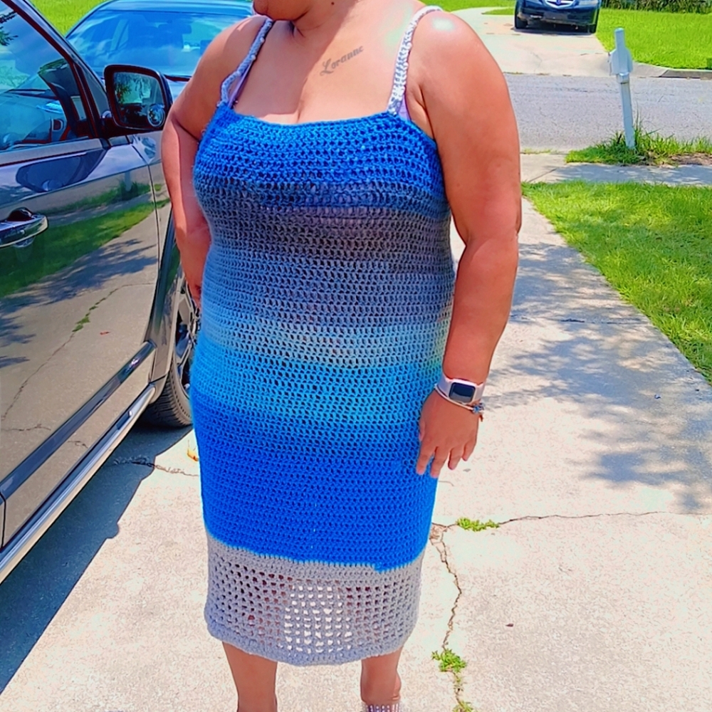 BLUEBERRY CROCHET MAXI DRESS W/ METALLIC SILVER MESH BOTTOM WITH ADDED PEARLS